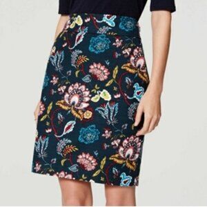 LOFT Blue Teal Floral Pencil Skirt Size 6 Cotton Stretch Lined Side Zip